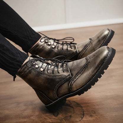 Men Lace-up High Top Brogue Carved Business Boots