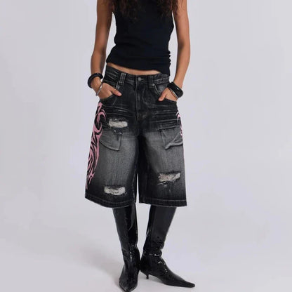 Y2k Vintage Harajuku Denim Shorts Women Washed Letter Embroidery Tassels American Retro Jeans Man Baggy Hip Hop Jorts