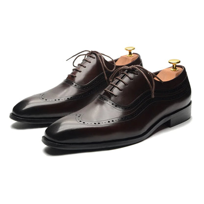 Luxury Mens Wingtip Oxford Dress Shoes Genuine Leather Brogue Dark Brown Lace-up Pointy Toe Business Office Wedding Formal Shoes