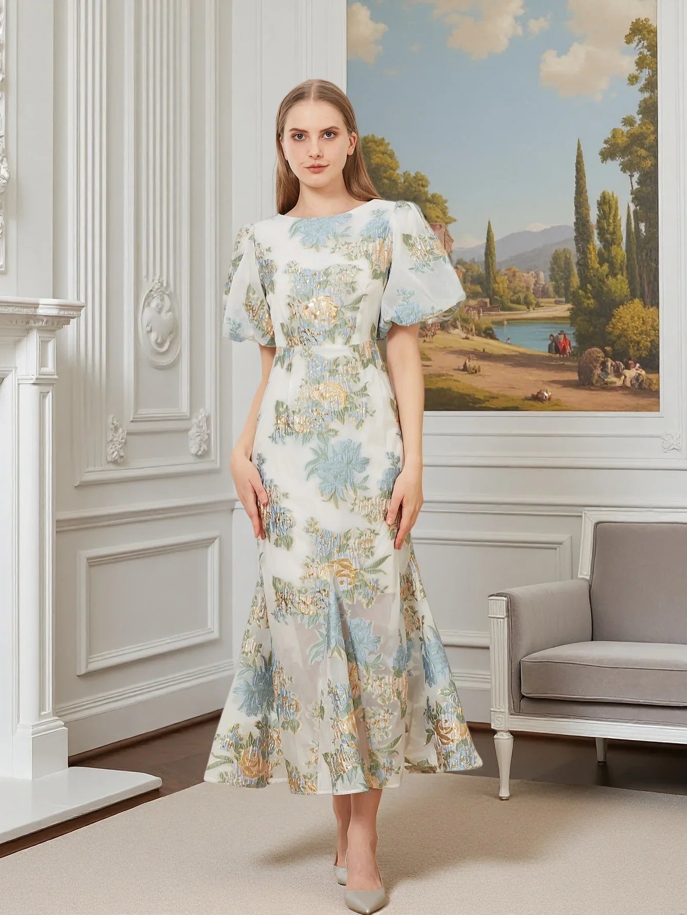 Elegant Floral Organza Fishtail Long Dress Maxi Luxury Mermaid Evening Dresses Puff Sleeve Fashion Slim Bodycon Party Club Dress