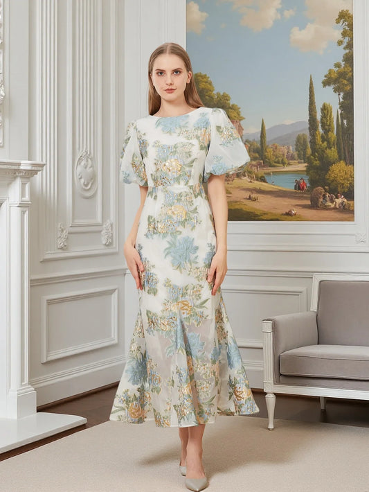 Elegant Floral Organza Fishtail Long Dress Maxi Luxury Mermaid Evening Dresses Puff Sleeve Fashion Slim Bodycon Party Club Dress
