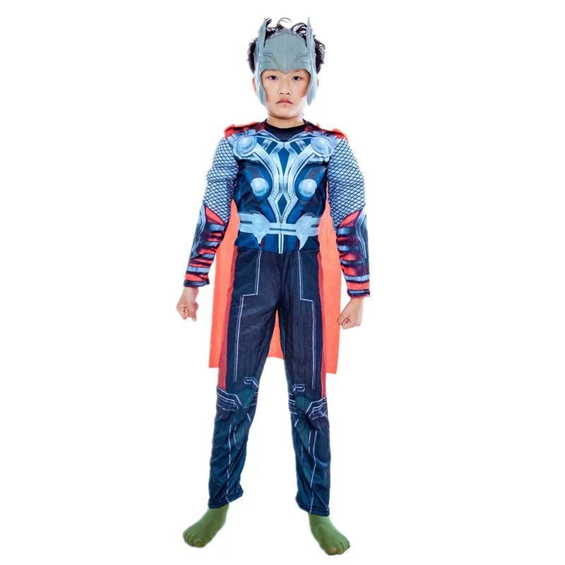 Kids Thor Superhero Cape Costume with Mask Jumpsuit for Halloween Cosplay Party Boys Girls Holiday Dress Up with Plastic Hammer