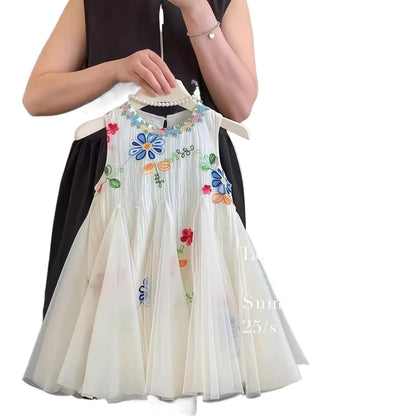 Summer Sweet and Cute Princess Girls Dresses Color Blocked Mesh Sleeveless Wedding Party Bridesmaids Children Dress