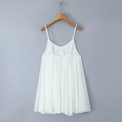 Women White  Big Backless Sling Dress O neck Back Zipper Loose Swing Mini Short Dresses Holiday Robe