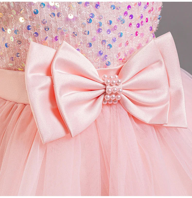 Girl's New Sequined Bow Irregular Collar Mesh Princess Dress Christmas Birthday Party Sweet and Cute Evening Dress