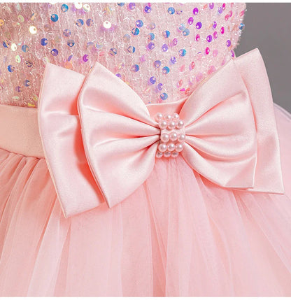 Girl's New Sequined Bow Irregular Collar Mesh Princess Dress Christmas Birthday Party Sweet and Cute Evening Dress