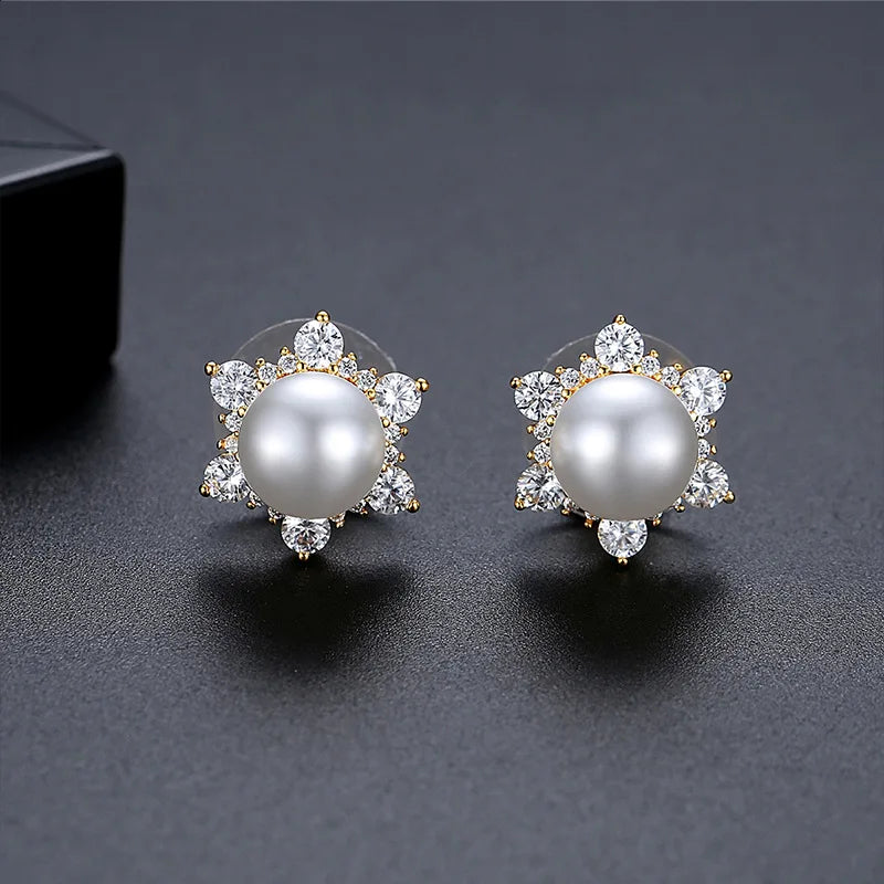 2026 Fashion Jewelry Silver Plated  Crystal Pearl Stud Earrings