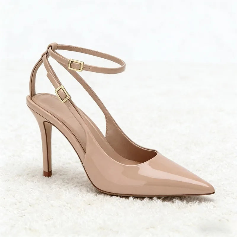 Nude Patent Leather Ankle Strap Buckle Women Pumps Sexy Pointed Toe Stiletto Heels Summer Stiletto Heels Party Shoes Sandalias
