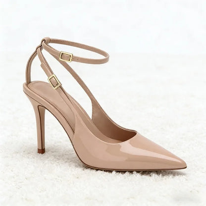 Nude Patent Leather Ankle Strap Buckle Women Pumps Sexy Pointed Toe Stiletto Heels Summer Stiletto Heels Party Shoes Sandalias