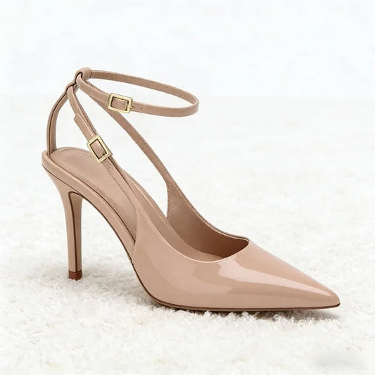 Nude Patent Leather Ankle Strap Buckle Women Pumps Sexy Pointed Toe Stiletto Heels Summer Stiletto Heels Party Shoes Sandalias