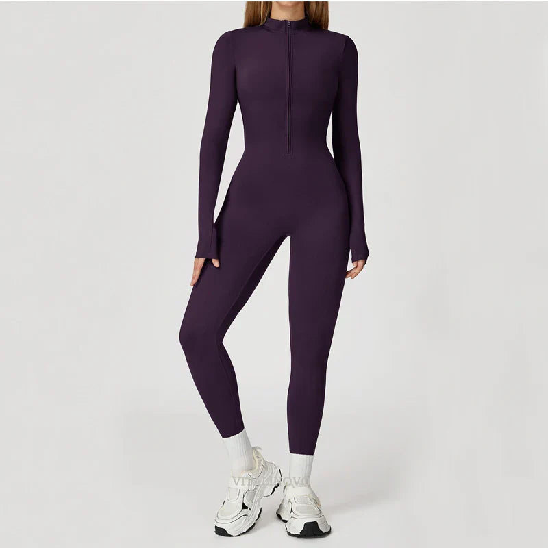 VITALINOVO Women Fleece Lined Workout Jumpsuits Long Sleeve Zip Up Yoga Romper Winter Warm Thermal One Piece Bodycon Bottom Pant