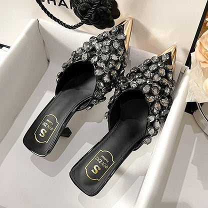 Luxury Rhinestones Pointed Toe Mules Pumps Women Slippers Summer New Fashion Slides Designer High Heeled Sandals Female Tacones