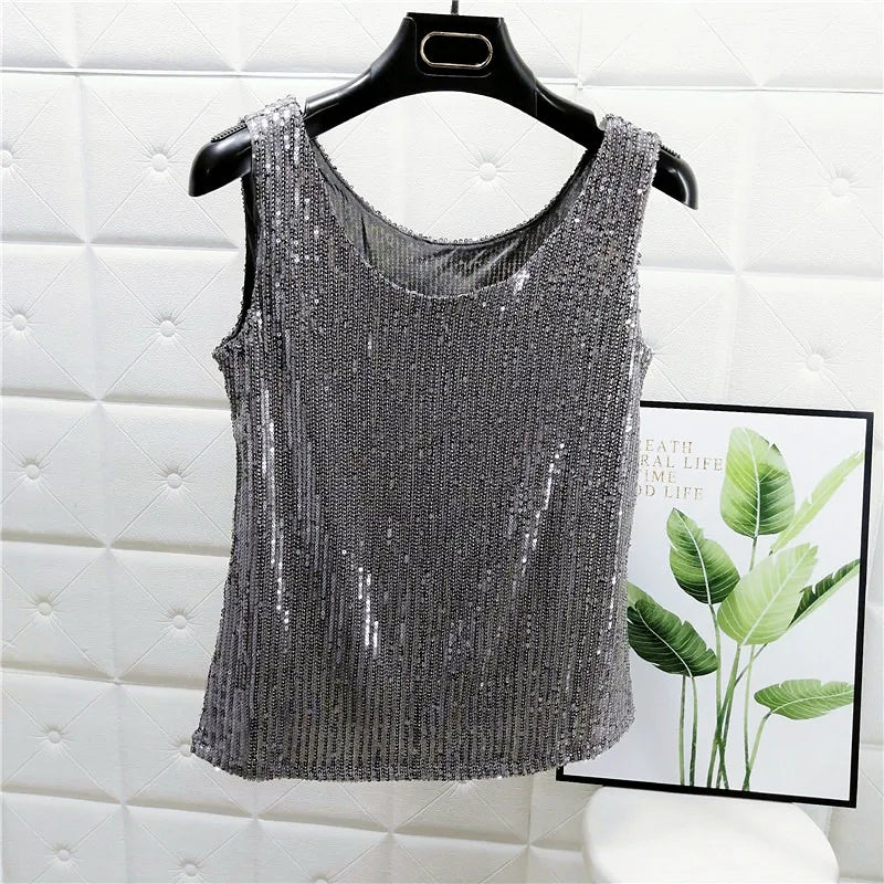 Sparkling Sequins Round Neck Vest Women's Outer Wear 2022 Summer New Bright Silk Fashion Glitter Bottoming Shirt Suspender Top