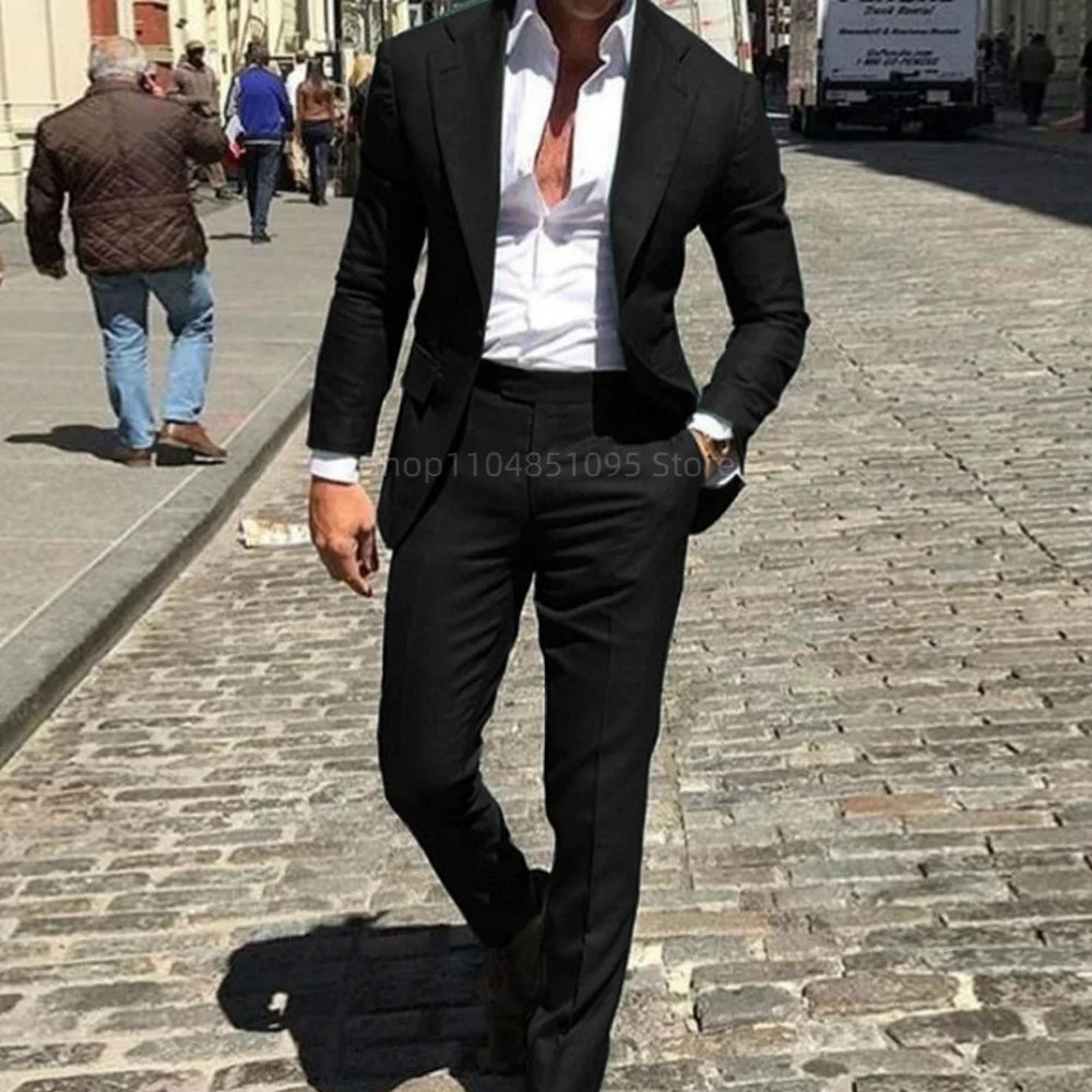 Classic Slim Fit Men's Business Suit Notch Lapel 2-Piece Blazer And Pants Set for Wedding Prom Groomsmen Elegant Formal Wear
