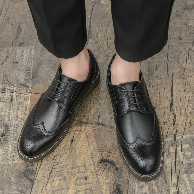 Men Lace Up Derby Shoes PU Solid Color Round Toe Business Casual Fashion Formal Shoes
