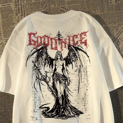 2025 New Heavy Short-sleeved T-shirt American Retro Sword-wielding Angel Printed Short-sleeved Men's and Women's Loose Top