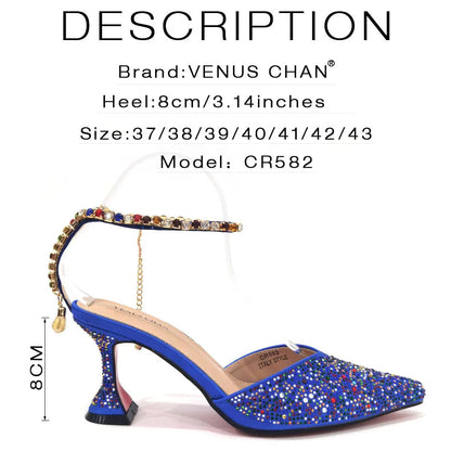 Italian Design Luxury Women's Pointed Shoes And Bag Set Blue Full Diamond Decoration Shoes for Party