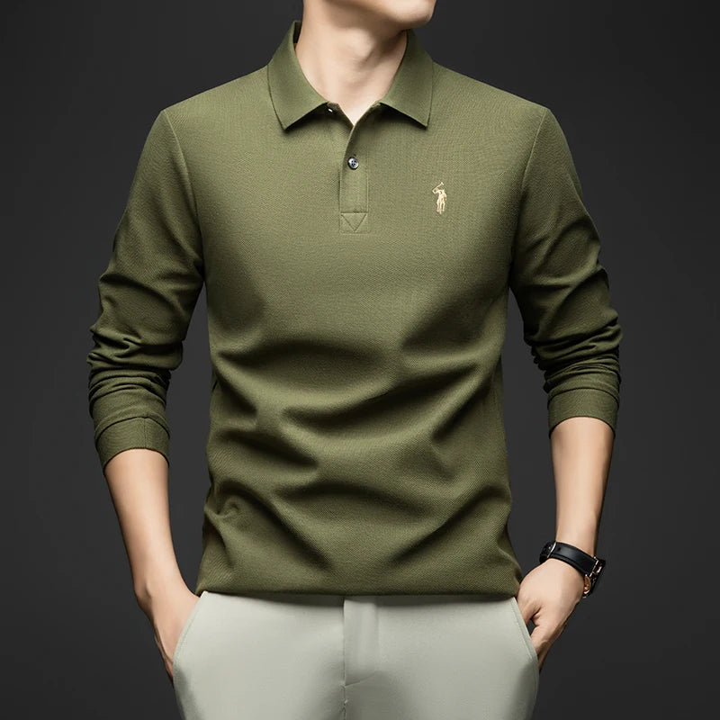 100% Pure Cotton Men's Long Sleeved Polo Shirt, Collar T-shirt, Spring and Autumn Top, No Ironing, Wrinkle Resistant Embroidery
