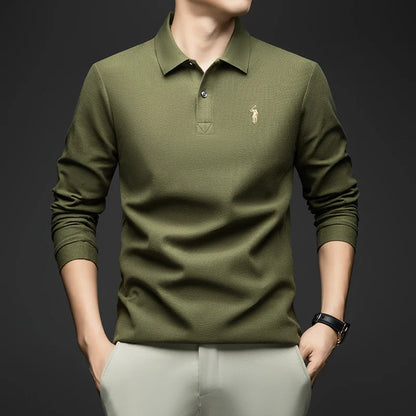 100% Pure Cotton Men's Long Sleeved Polo Shirt, Collar T-shirt, Spring and Autumn Top, No Ironing, Wrinkle Resistant Embroidery