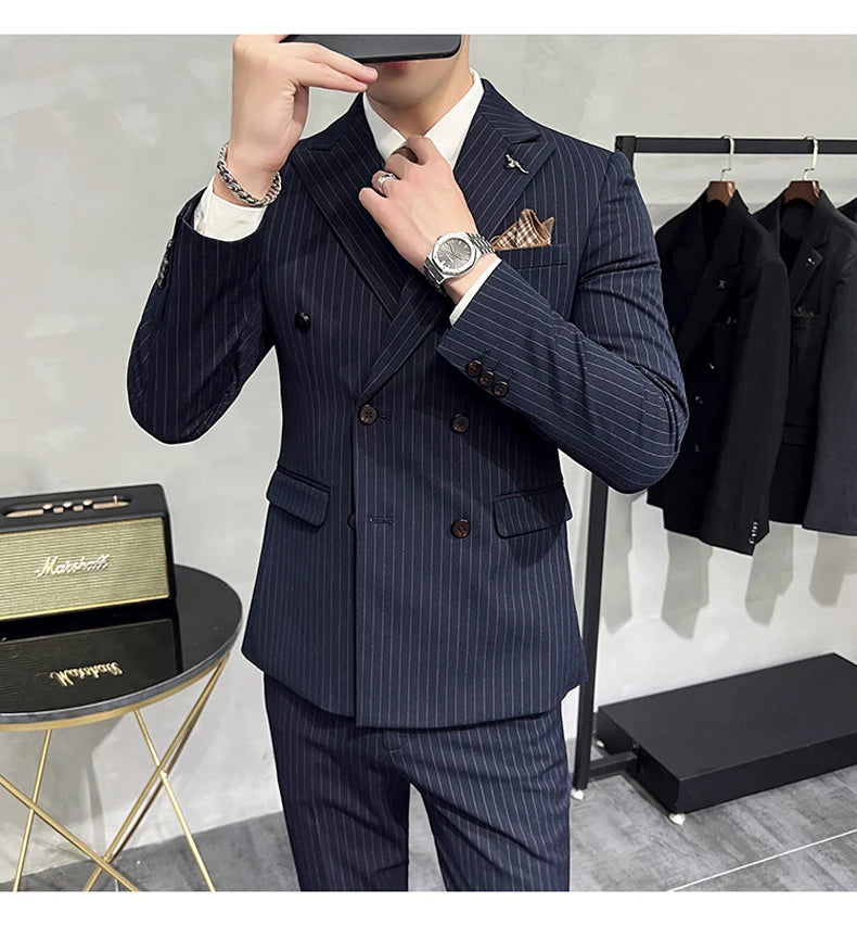( Blazer+Vest+Pants ) Groom Wedding Male Suit Luxury Brand Fashion Striped Men's Casual Business Office Double Breasted Suit