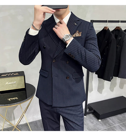 ( Blazer+Vest+Pants ) Groom Wedding Male Suit Luxury Brand Fashion Striped Men's Casual Business Office Double Breasted Suit