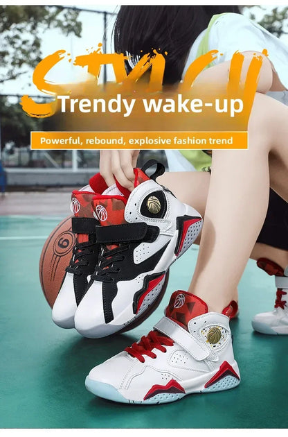 Children Summer High Top Basketball Shoes Boy Breathable Anti Slip Casual Sneakers Man Velcro Non Slip Rebound Kid Running Shoes