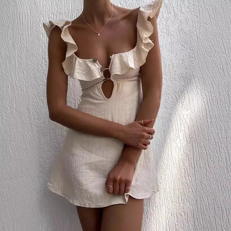 Hollow Out Button Ruffles Short Dress Sexy V Neck Sleeveless Solid Color Dress New Holiday Beach Cotton Linen Mini Dress