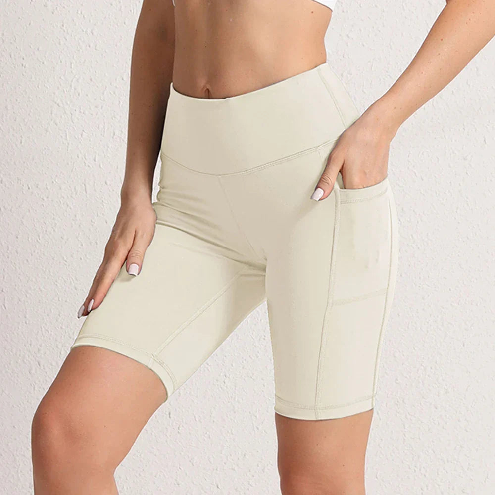 Women Yoga Shorts with 3 Pockets Seamless Gym Fitness Tights Elastic Cycling Shorts Female Solid Color Leggings