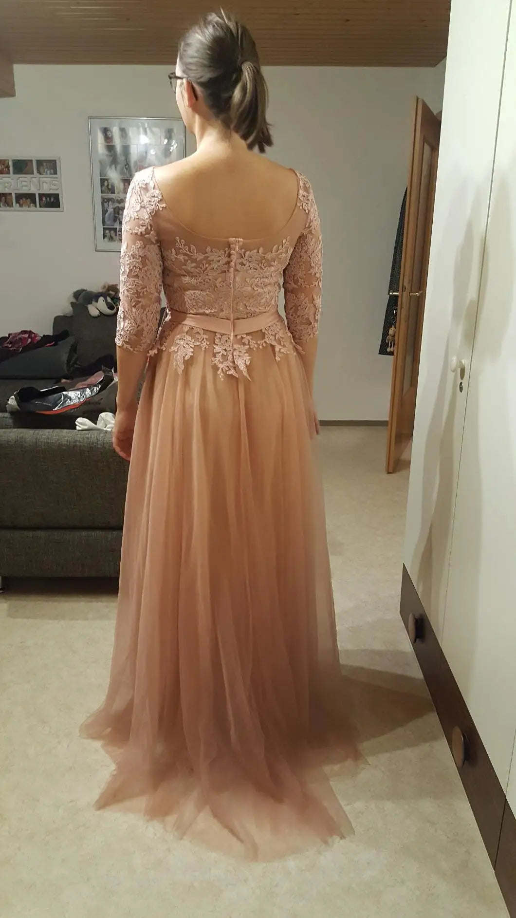 Vestidos de Renda Decote Redondo Noite Elegantes Meia Manga Aplicações Tule Festa Formal Longo Sem Costas Com Cinto Robe De