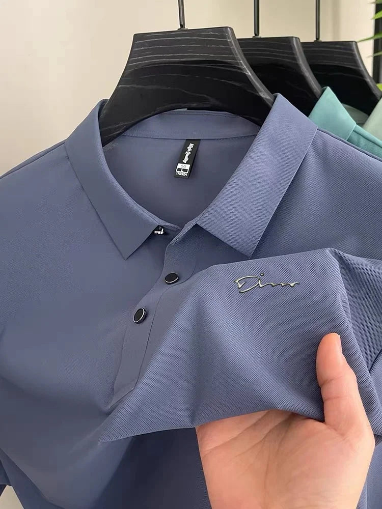 Summer new high-quality ice silk fabric comfortable polo shirt fashionable high-end mens exquisite badge breathable short sleeve