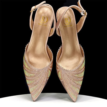 New Green Colour Pointed-Toe Diamond-Studded Party Women's High Heels Gorgeous Parties Shoes and Bag to Match