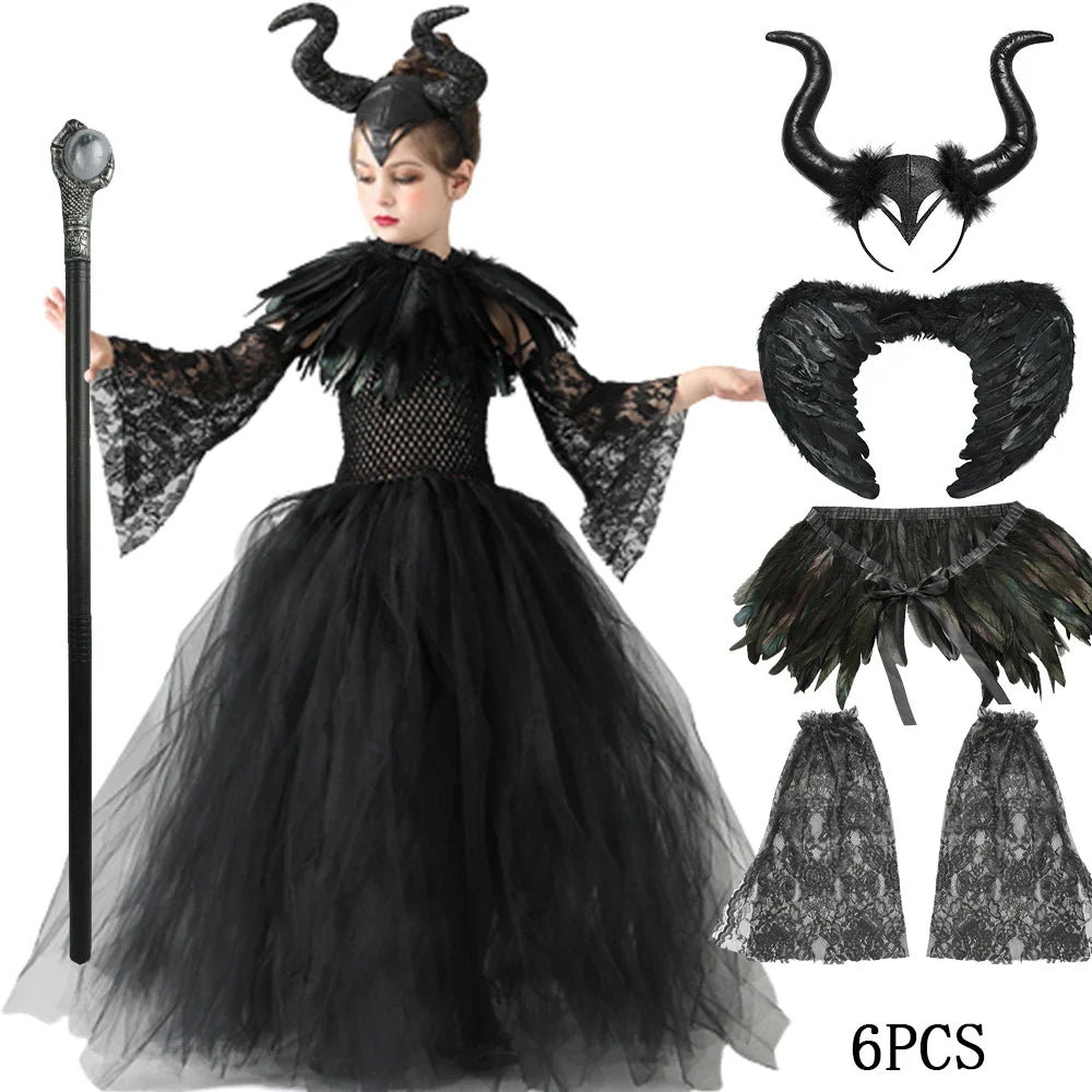 Halloween Maleficent Costume for Girls Evil Queen Dress Up Costumes Witch Devil Black Mesh Princess Dress Cosplay