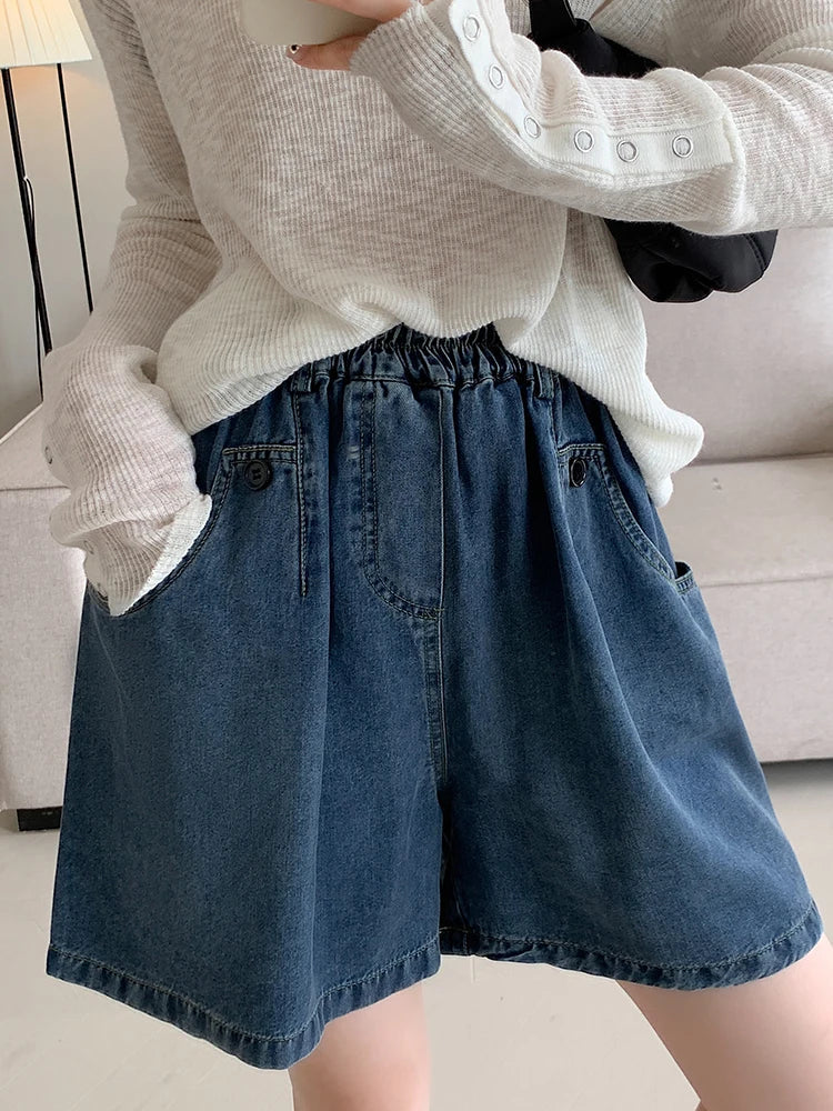 New 2024 Summer Plus Size Denim Shorts For Women High Elastic Wasit Wide Leg Loose Blue Jean Short Women Streetwear Half Jeans