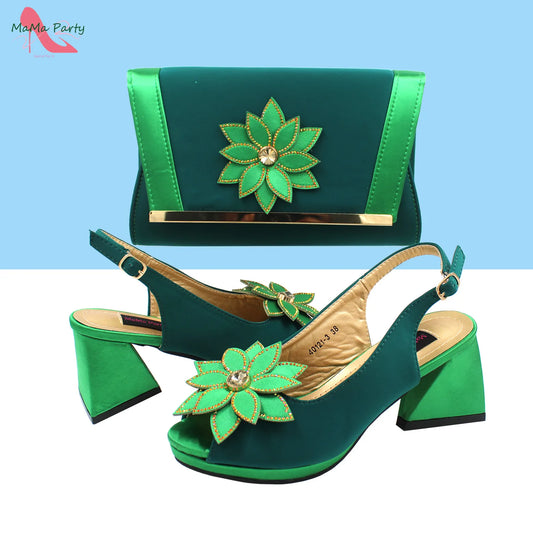Design Italian Women Shoes and Bag Set in Green Color High Quality Comfortable Heels with Appliques for Wedding