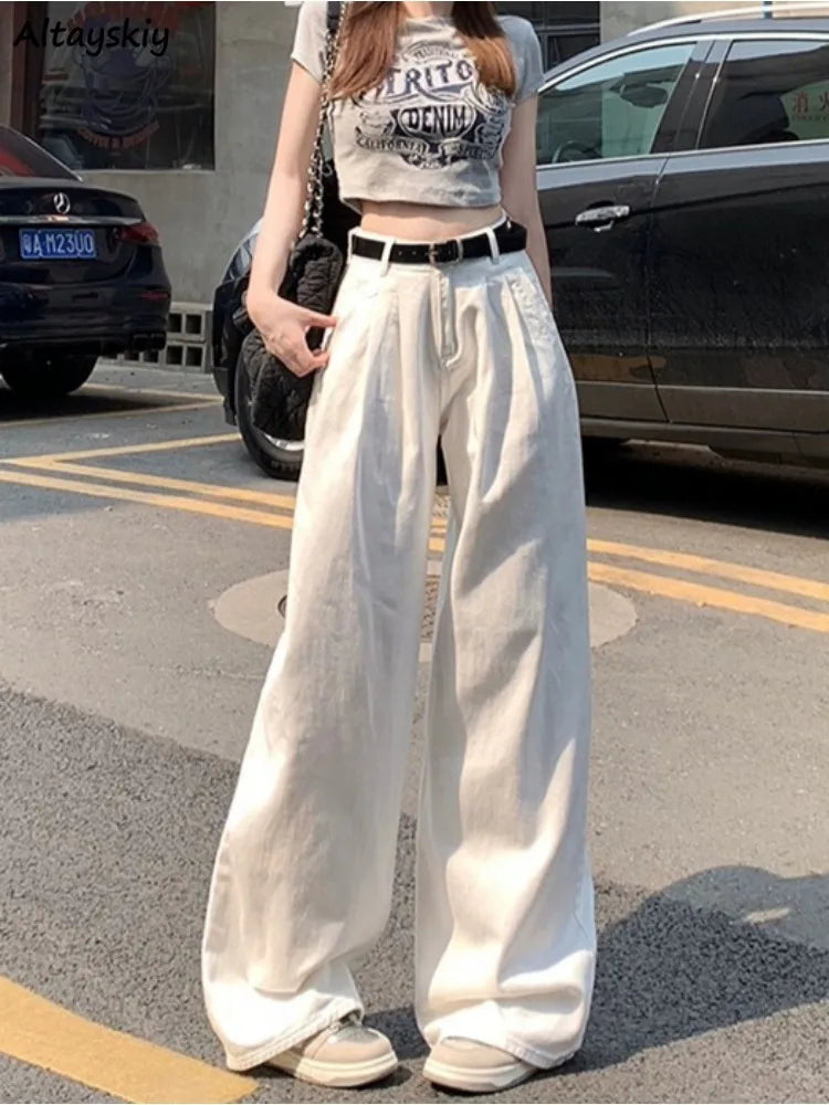 Women Wide Leg Sandy White Hipster Casual Trousers