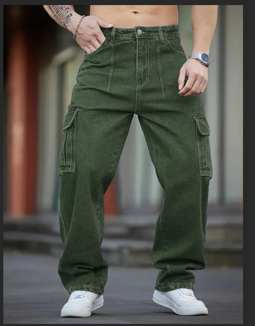 Men's Deep Blue Washed Denim Workwear Jeans Casual Multiple Pockets Design Loose Wide Leg Trousers Y2K Style Cargo Pants