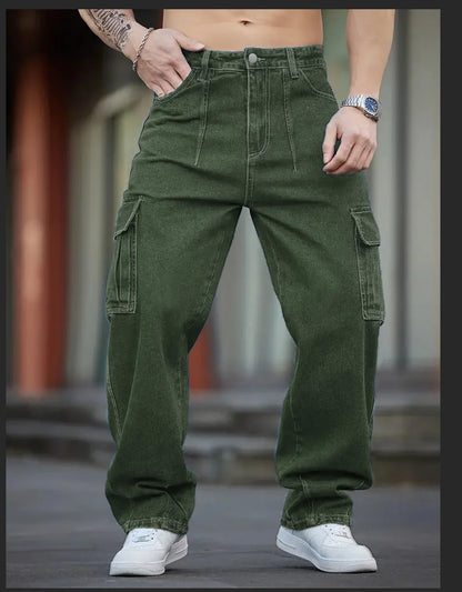 Men's Deep Blue Washed Denim Workwear Jeans Casual Multiple Pockets Design Loose Wide Leg Trousers Y2K Style Cargo Pants