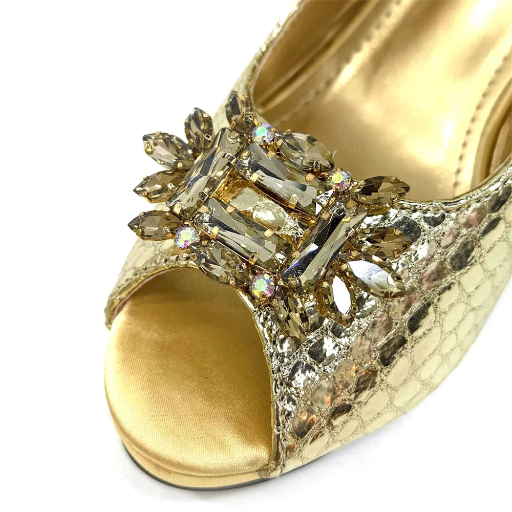 Italian Fashion Open Toe Women Strange Heels Bigger Size Fashion Rhinestone Decoration Brown Shoes And Bag Set Party Bag