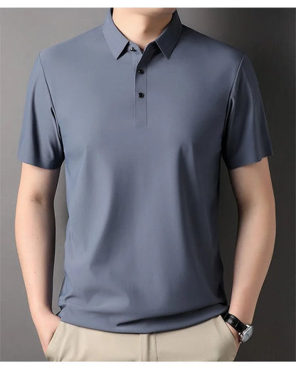High quality wrinkle resistant ice silk short sleeve t-shirt men's summer Lapel loose casual solid color top high-end polo men