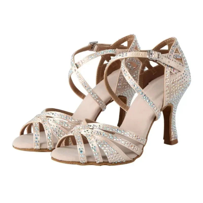 New Latin Dance Shoes, Female Hot Diamond Dance Shoes, National Standard Cha Cha Dance Shoes, Square Dance Sandals, 7.5cm Heel