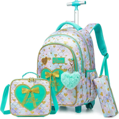 Children's Wheeled Backpack Bag Set with Lunch Box School Rolling Backpack Bag with Wheels School Trolley Backpack Bag for Girls