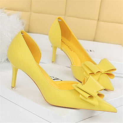 Women 7.5cm 10cm High Heels Korean Pumps Scarpins Cute Bow Middle Low Heels Lady Fetish Sweet Wedding Bridal Yellow Blue Shoes