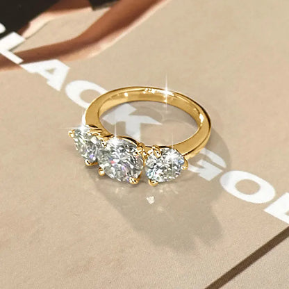 14k Gold Filled Three Stone Ring 8mm&6.5mm D Color Round Moissanite Certified Engagement Wedding Jewelry for Women Rings
