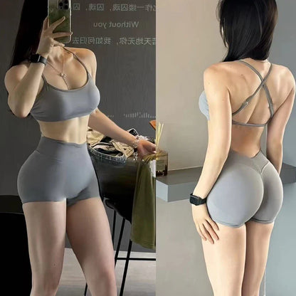 2PCS Women's High Waist Seamless Yoga Gym Set Sports Bra Top with Scrunch Shorts Fitness Workout Sportswear
