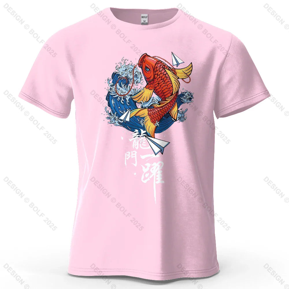 Dragon Gate Leap Printed Men's T-Shirt 100% Cotton Oversized Carp Good Luck Graphic Tees for Women Tops Tees Streetwear