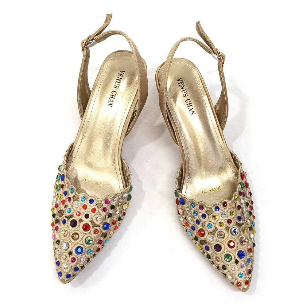 Latest High Heel Gold Color Atmospheric Luxury Pattern With Rhinestones Party Ladies Shoes And Bag Set