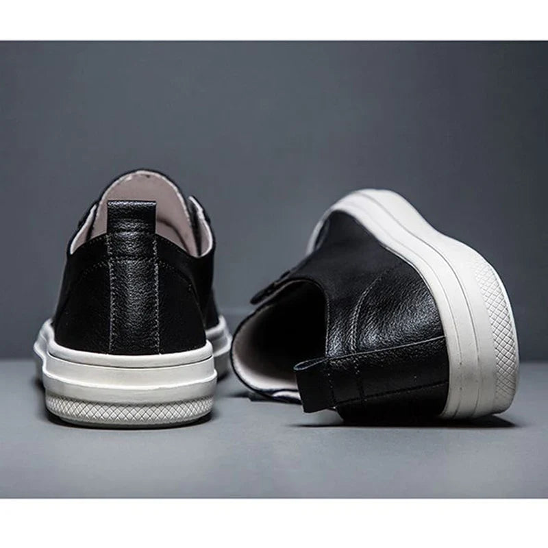 Genuine Leather Black White Shoes Men Casual Shoes Soft Flat Brand Cow Leather Cool Street Young Male Footwear D237