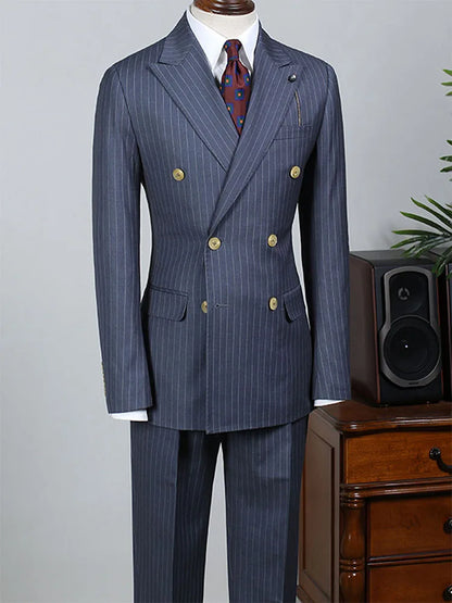 2 Piece Black Striped Men's Suit Set Golden double breasted Lapel Jacket Elastic Pants Wedding Part Prom Dinner Wrok Travel