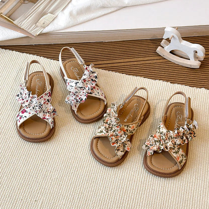 Summer Girl's Sandals Open Toe Flower Hook-loop Chic Kid's Flat Shoe Solid Colors Light Comfy Casual Daily Children Shoes 23-33