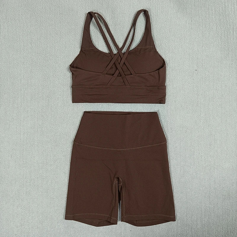 Women's 2-Piece Yoga Set Tights Shorts For Woman Cross Back Bra Top + High Waist Shorts Fitness Running Workout Tracksuit
